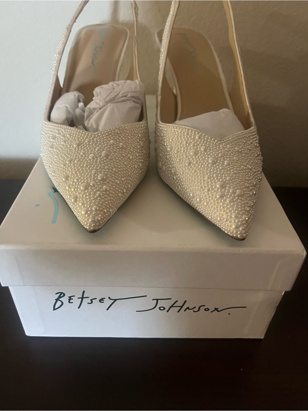 Betsey Johnson Ivory Pearl-Studded Slingback Block Heel - Picture 3 of 4
